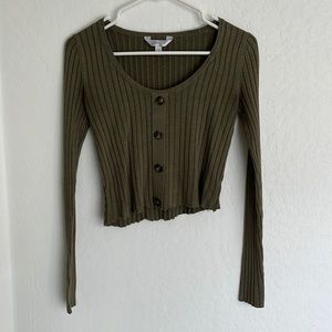 Olive Green Ribbed Button Down Long Sleeve Top
